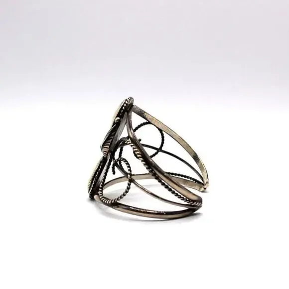 Albert Yazzie Sterling Silver Mother of Pearl with Turquoise Cabochon Cuff Brace - Picture 4 of 8